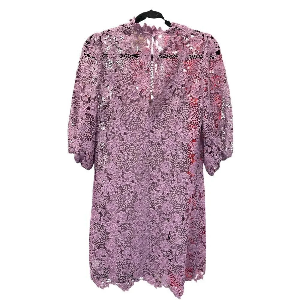 Johnny Was Lorrie Purple Crochet Lace Mini Dress Puff Sleeves Size Medium